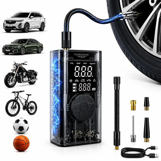 Compact Wireless Portable Tire Inflator Pump - 150 PSI Digital Pressure Gauge with Digital Display, Automatic Shut-Off, USB Charging, Detachable Valve, 30-Day No-Reason Return/Exchange Policy for Drivers, Athletes, Multiple Nozzles for Emergency Inflation