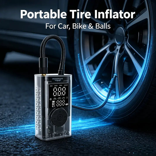 Compact Wireless Portable Tire Inflator Pump - 150 PSI Digital Pressure Gauge with Digital Display, Automatic Shut-Off, USB Charging, Detachable Valve, 30-Day No-Reason Return/Exchange Policy for Drivers, Athletes, Multiple Nozzles for Emergency Inflation